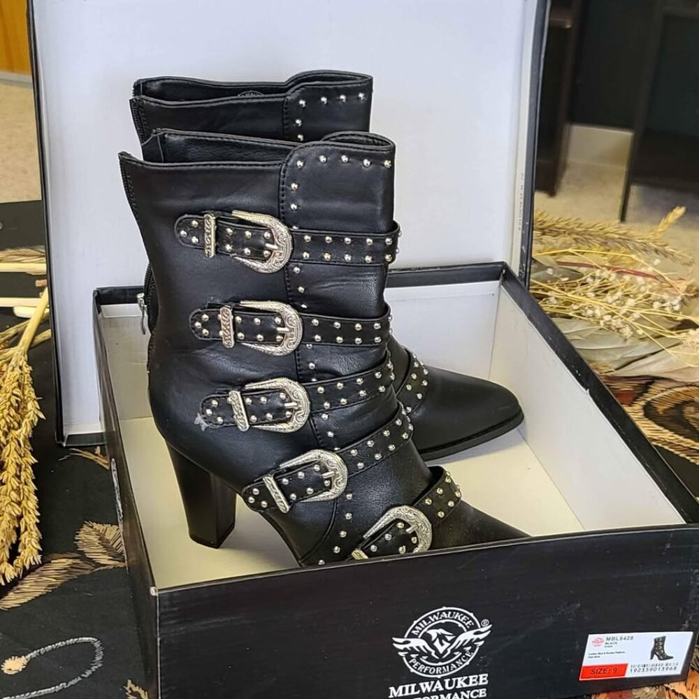 (NEW) Black Leather Studded Heel Booties (Size 9)